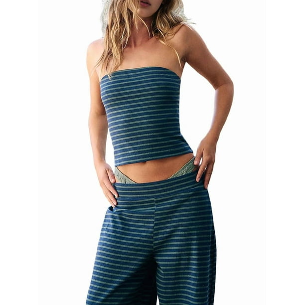 Conjuntos de Verano para Mujer, Conjuntos de Dos Piezas para Estar en Casa, Top y Pantalón de Tubo A Rayas, Conjuntos A Juego para Vacaciones en la Playa Rayas Azules XL
