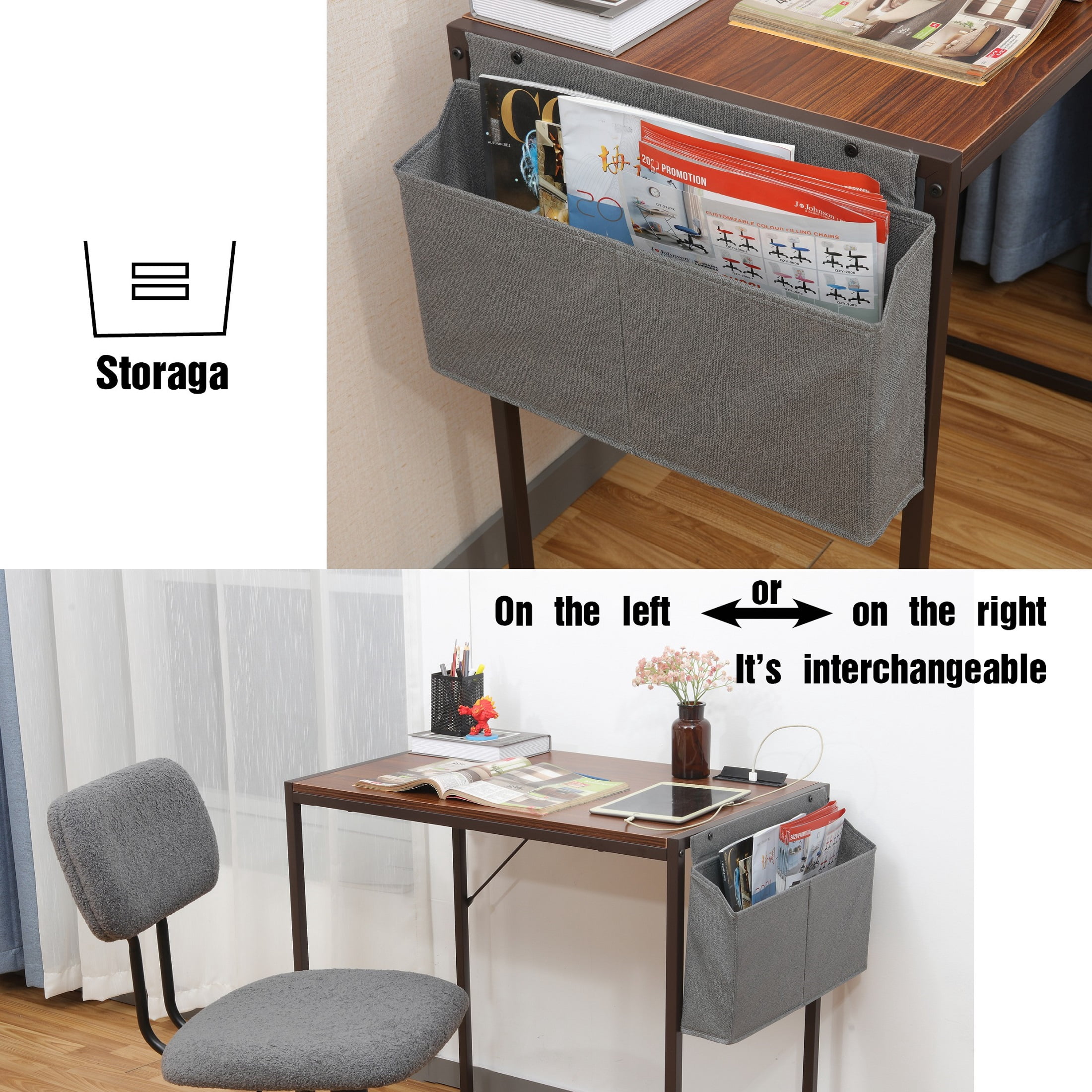 JJS Small Computer Desk Simple Style Writing Desk for Small Spaces 40 Inch Home Office Modern Student Study Laptop Writing Table with Storage Bag USB Hub, Brown