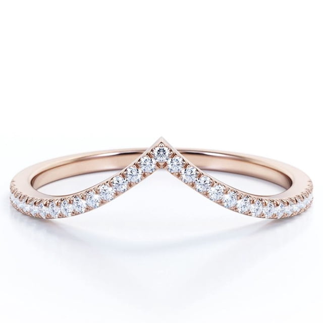 JeenMata Alianza de Boda en Forma de V de 0,25 Quilates con Forma Redonda y Pavé Festoneado - Baño de Oro Rosa de 18 K sobre Plata