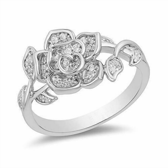 Rose Flower Diamond Engagement Ring, Floral Cluster Diamond Wedding Anniversary Ring, Leafy Shank Diamond Ring, 925 Sterling Silver, 1.8 Ct Simulated Diamond, Gift Ring For Her