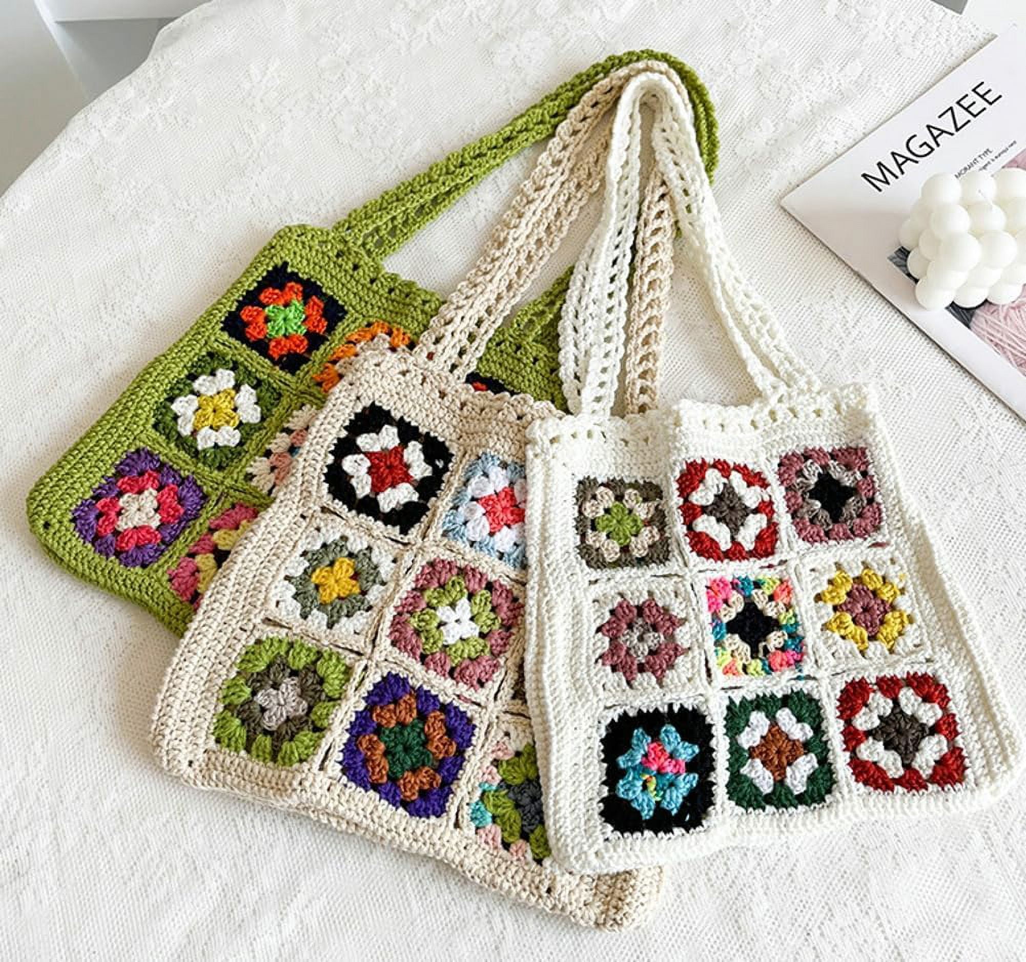 Kukuzhu Crochet Tote Bag for Women Cute Floral Knitted Shoulder Bag Aesthetic Fairy Y2k Woven Beach Shopping Bag Vocation