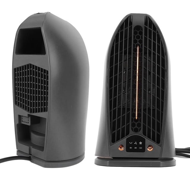 calentador de hábitaciones, calentador de aire eléctrico seguro sobrecalentamiento de energía de ahorro de energía silenciosa para trabajar — Vista frontal y trasera de un calentador de escritorio de plástico gris oscuro con rejilla frontal vertical, tira indicadora central visible, botones inferiores con iconos, base plana y cable de alimentación; peso aprox. 1083 g; adecuado para calentar espacios pequeños y a menudo usado como apoyo de calefacción local en escritorios.