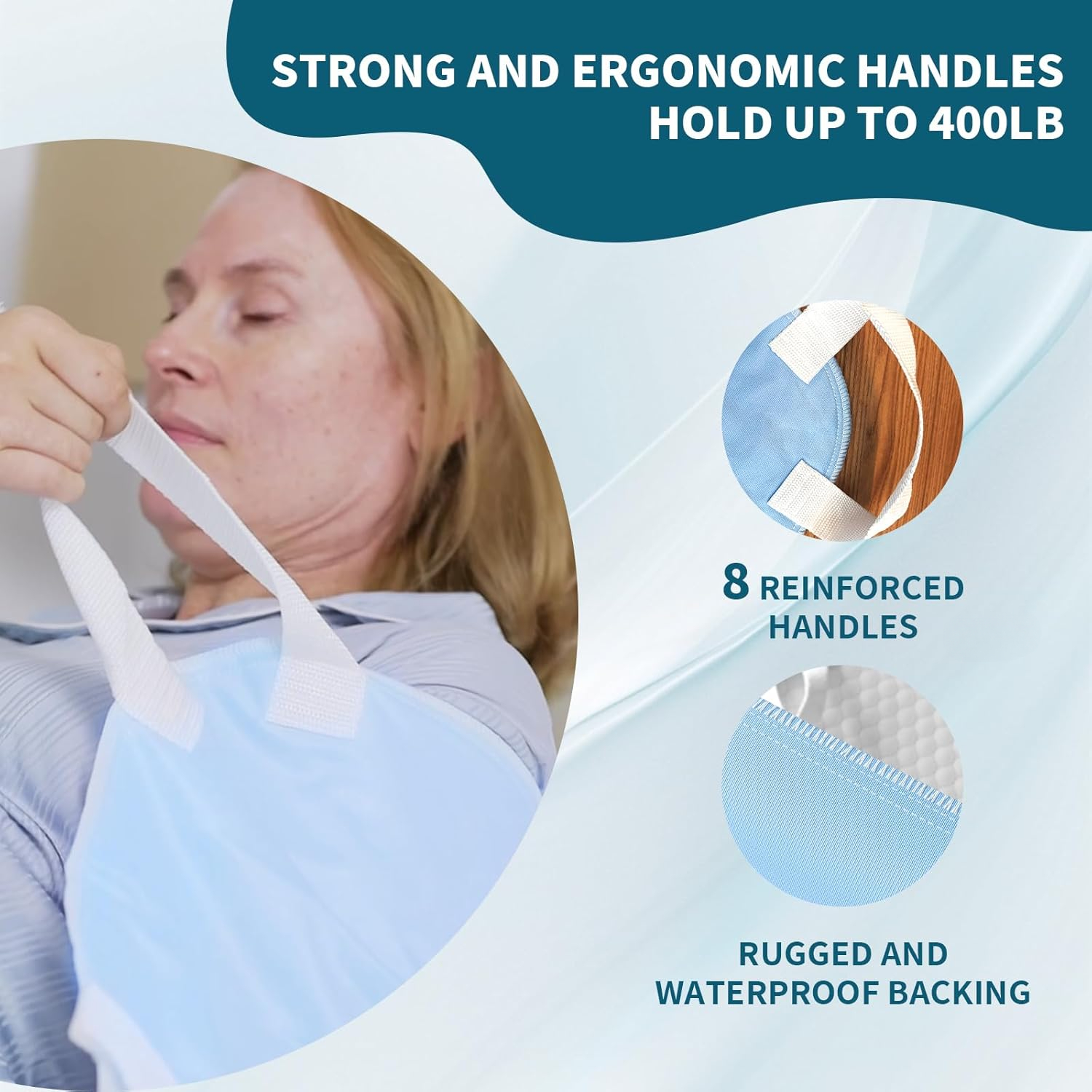 Washable Bed Pads with 8 Sturdy Handles 34”×52” Extra Large Reusable Underpads 4-Layers Leakproof Chucks Pads Washable for Incontinence (1 Pack; Blue)
