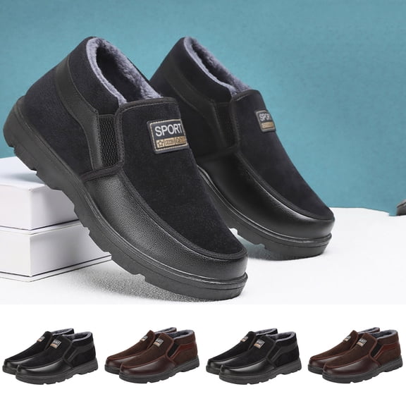 Mens Snow Boots Winter Shoes Faux Leather Slip On Ankle Booties Anti-Slip Fully Fleece Lined Outdoor Sneakers Size 39-44 Brown