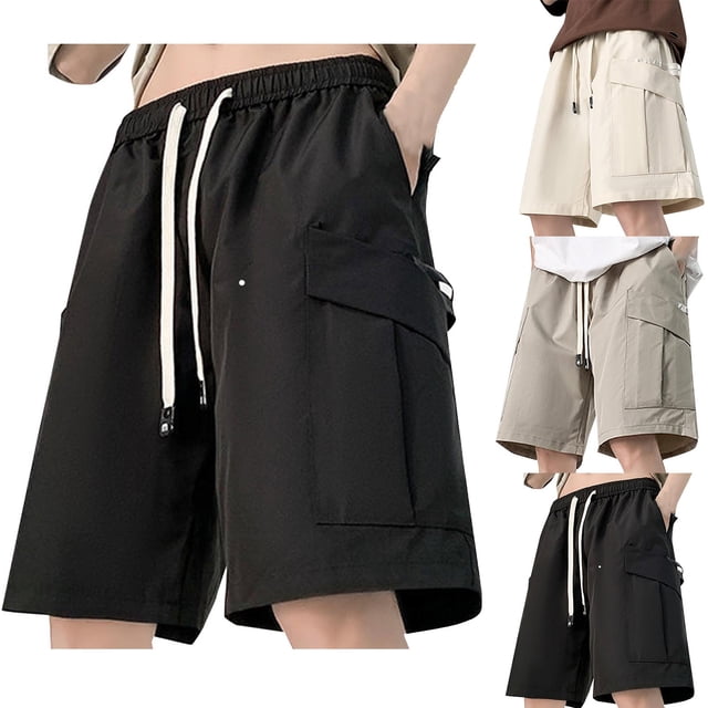 Yuyuzo Cargo Shorts for Men Drawstring Wide Leg Outdoor Hiking Lightweight Casual Solid Color Plus Size Shorts