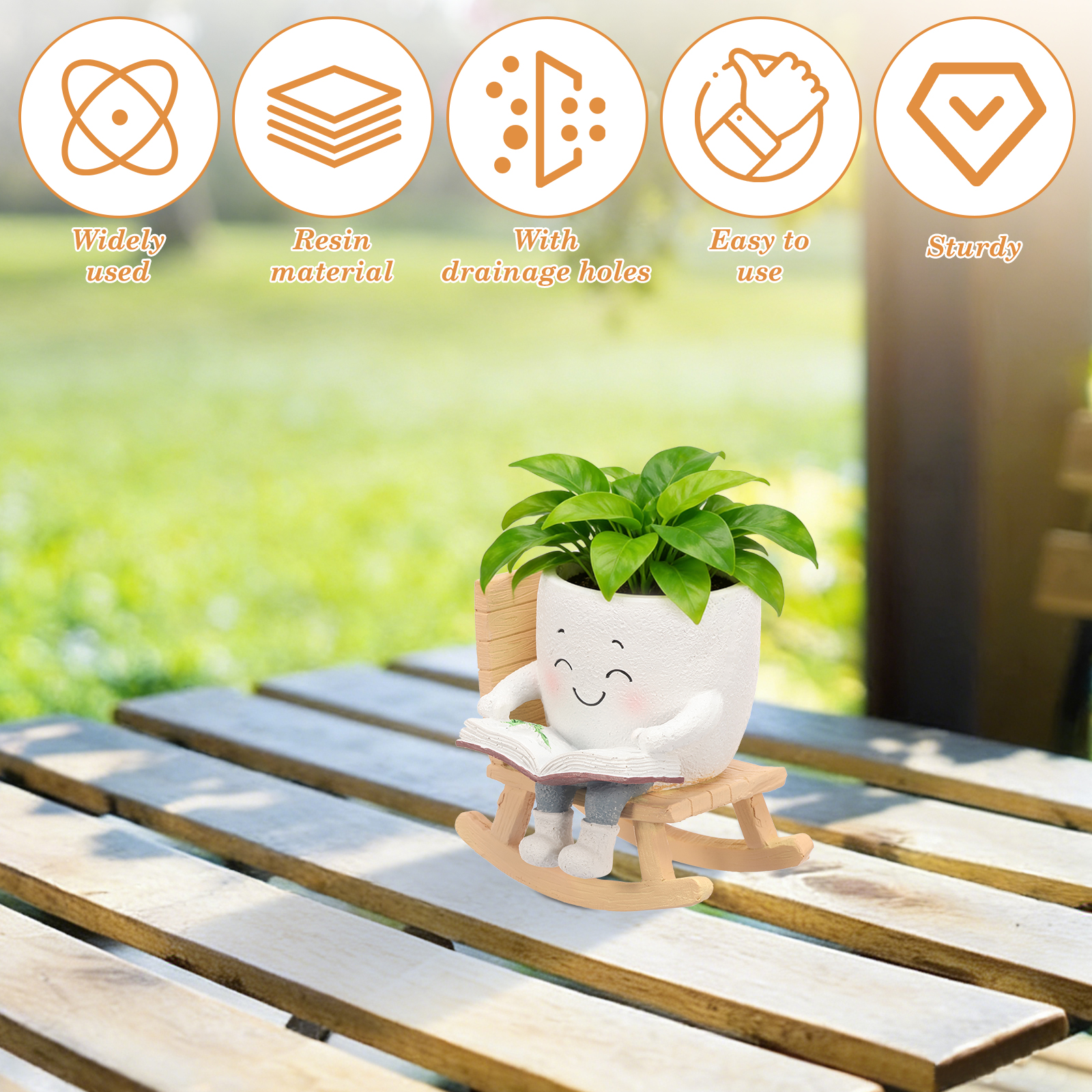 Rocking Chair Smiley Face Planter Cute Plant Pots for Indoor Outdoor Plants Succulent Pots with Drainage Hole Unique Funny Flower Pot for Succulents Plant Gifts