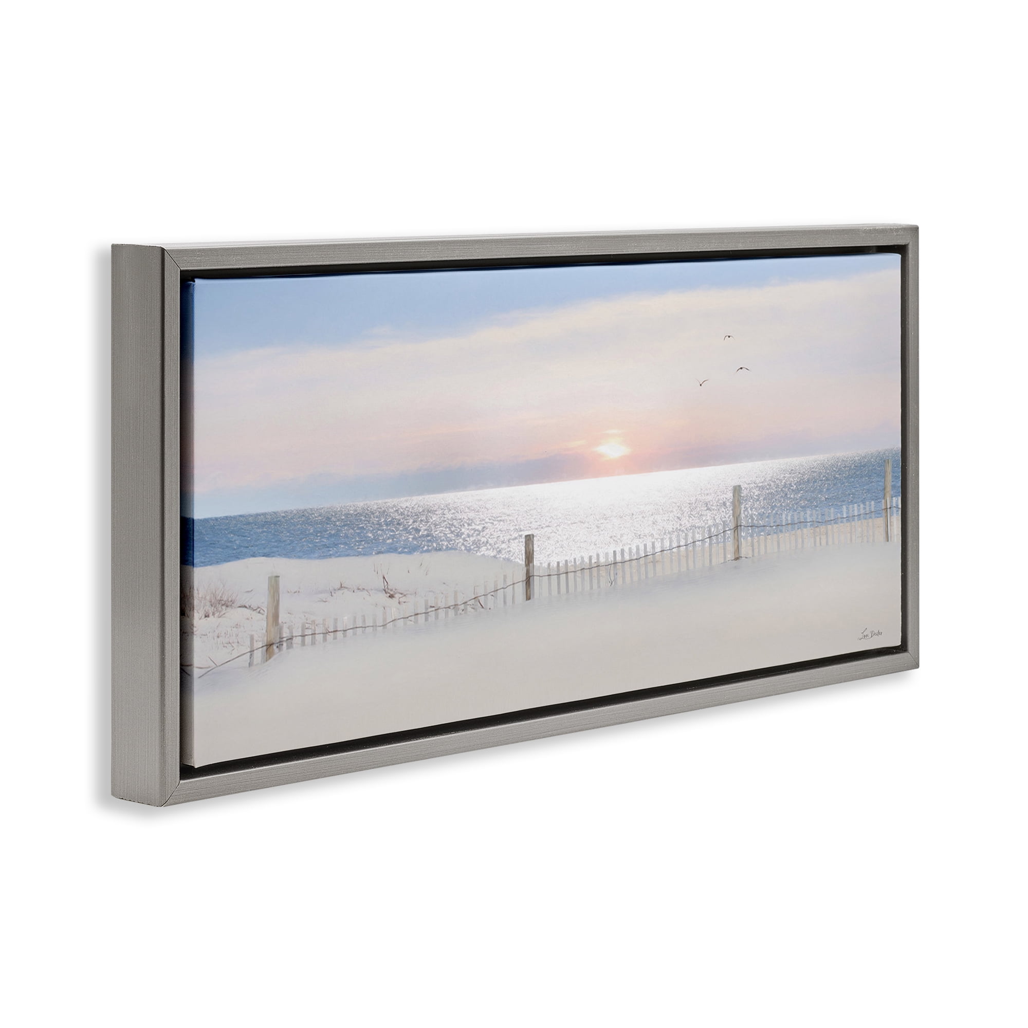 Stupell Industries Fence Along Shore Landscape Photography Gray Floater Framed Canvas Art Print Wall Art, 31 x 14
