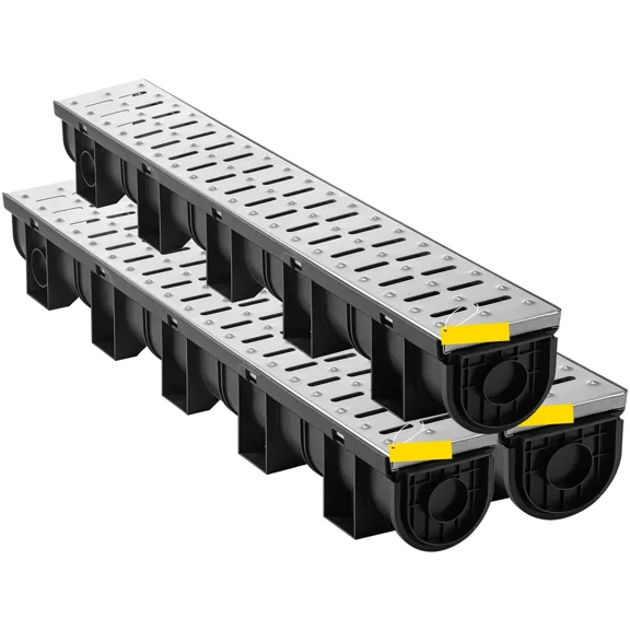High-Durability Trench Drain System with Metal Grate,5.9x5.1-Inch HDPE Channel Drain for Garage Floor,Garden,Driveway,Pack of 3 with 3 End Caps