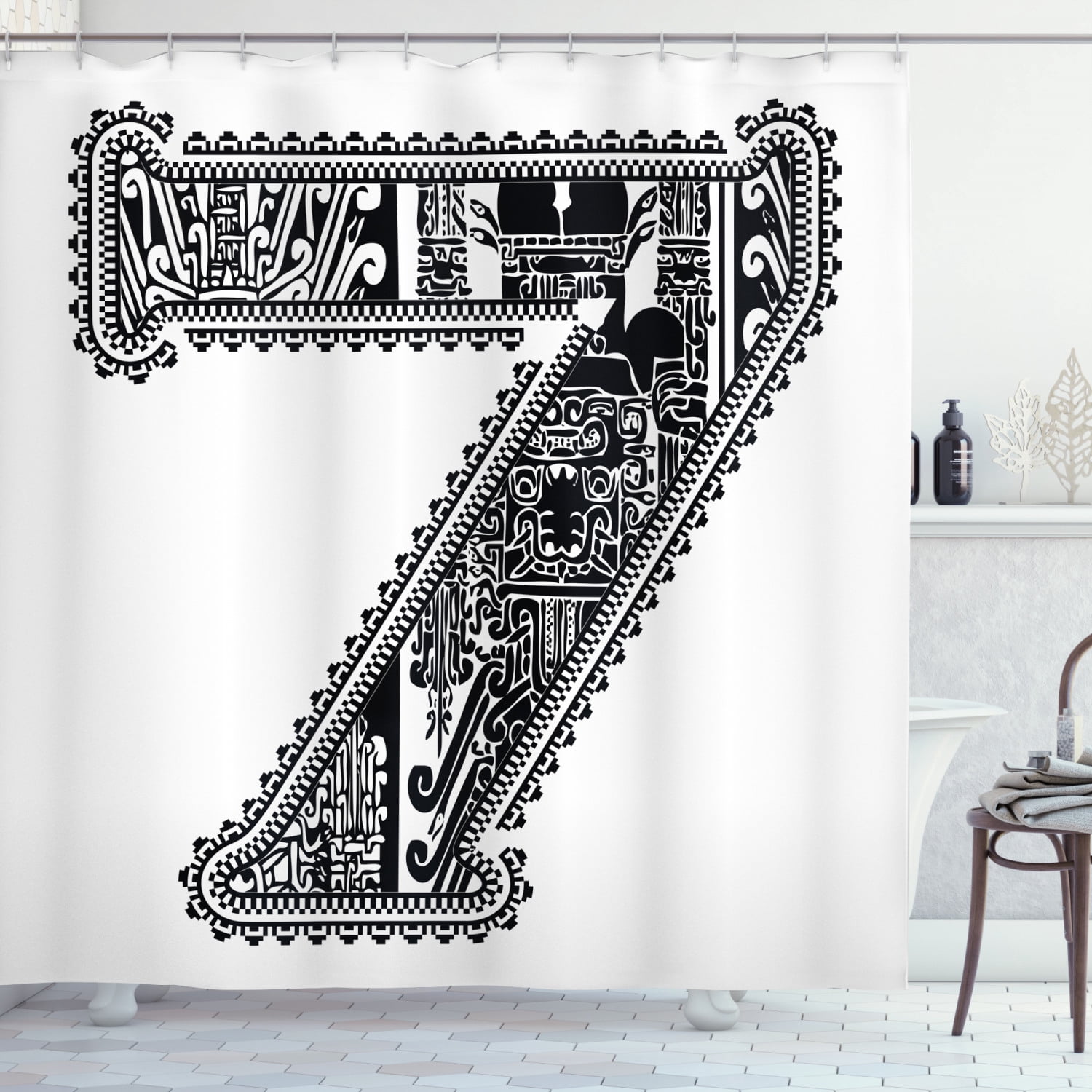Number Shower Curtain, Antique Seven Symbol with Classic Ornamental ...