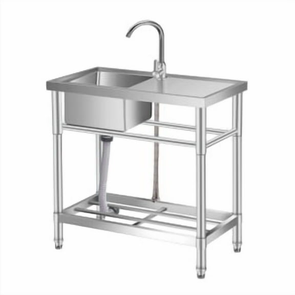 TEQIN Compartment Commercial Sink, Stainless Steel Utility Sink with Pull-out Faucet, Free Standing Laundry Sink Kitchen Sink with Storage Shelve for Restaurant, Garage, Shop, Cafe, Outdoor