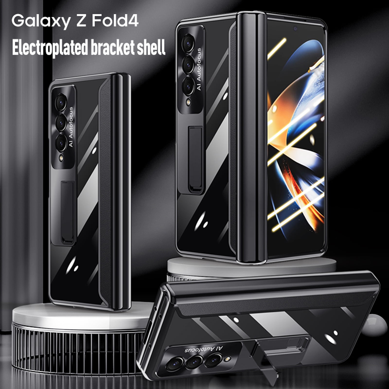 for Samsung Fold 4 Case, Transparent Electroplating Phone Case with Full Cover Hinge Protection, Clear Case with Built-in Screen Protector & Magnetic Kickstand for Galaxy Z Fold 4 5G - Black