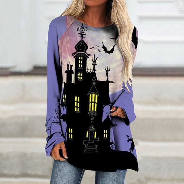 Costumes d'Halloween pour Femmes 2023 T-Shirt Col Rond Imprimé Halloween Manches Courtes T-Shirt Blouse Hauts Chemises Grande Taille pour Femmes en Liquidation