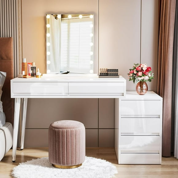 Tribesigns Vanity Desk with 5 Drawers, High Glossy White Dressing Table with Reversible Drawer Cabinet Printer Stand, Modern Computer Desk Home Office Desk for Bedroom Office (Without Mirror)