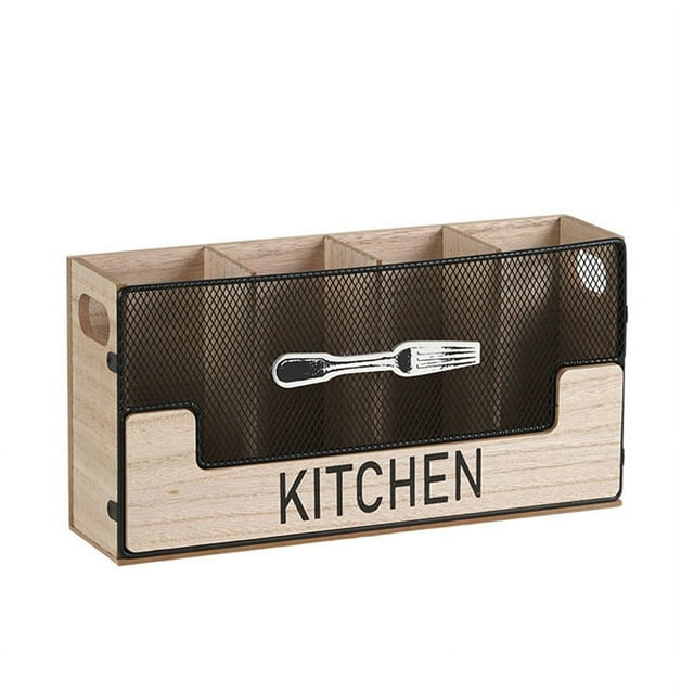 Soporte para utensilios de cocina de metal combinado con organizador de cubiertos de madera, 4 compartimentos para espátula, cubertería, color negro