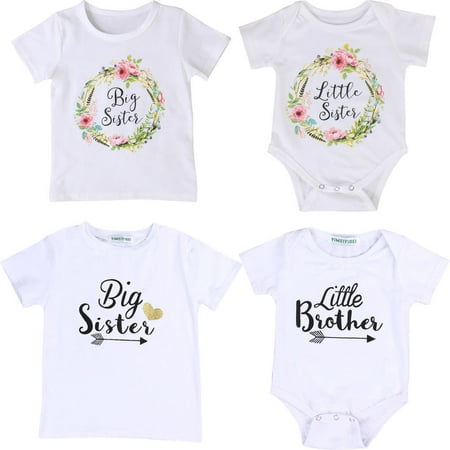 Newborn Baby Boy GirlS White Romper Tops Shirt Big Sister & Little Brother & Little Sister Outfits Set Clothes