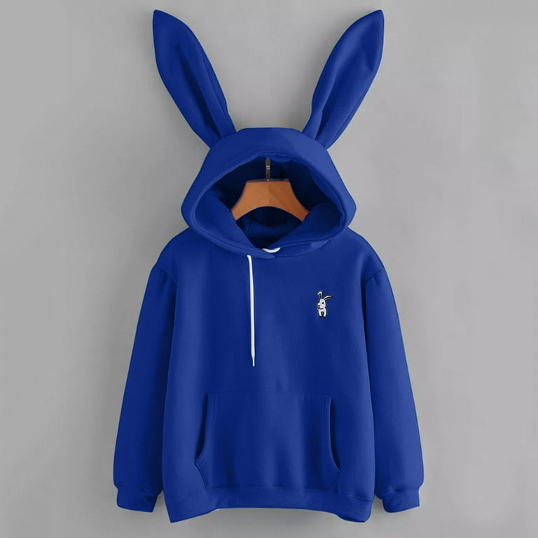 Herrnalise Women s Rabbit Ear Hoodie Solid Color Bunny Ear Long Sleeves Cute Embroidery Pullover Sweatshirts Merry Christmas For Blue S Walmart