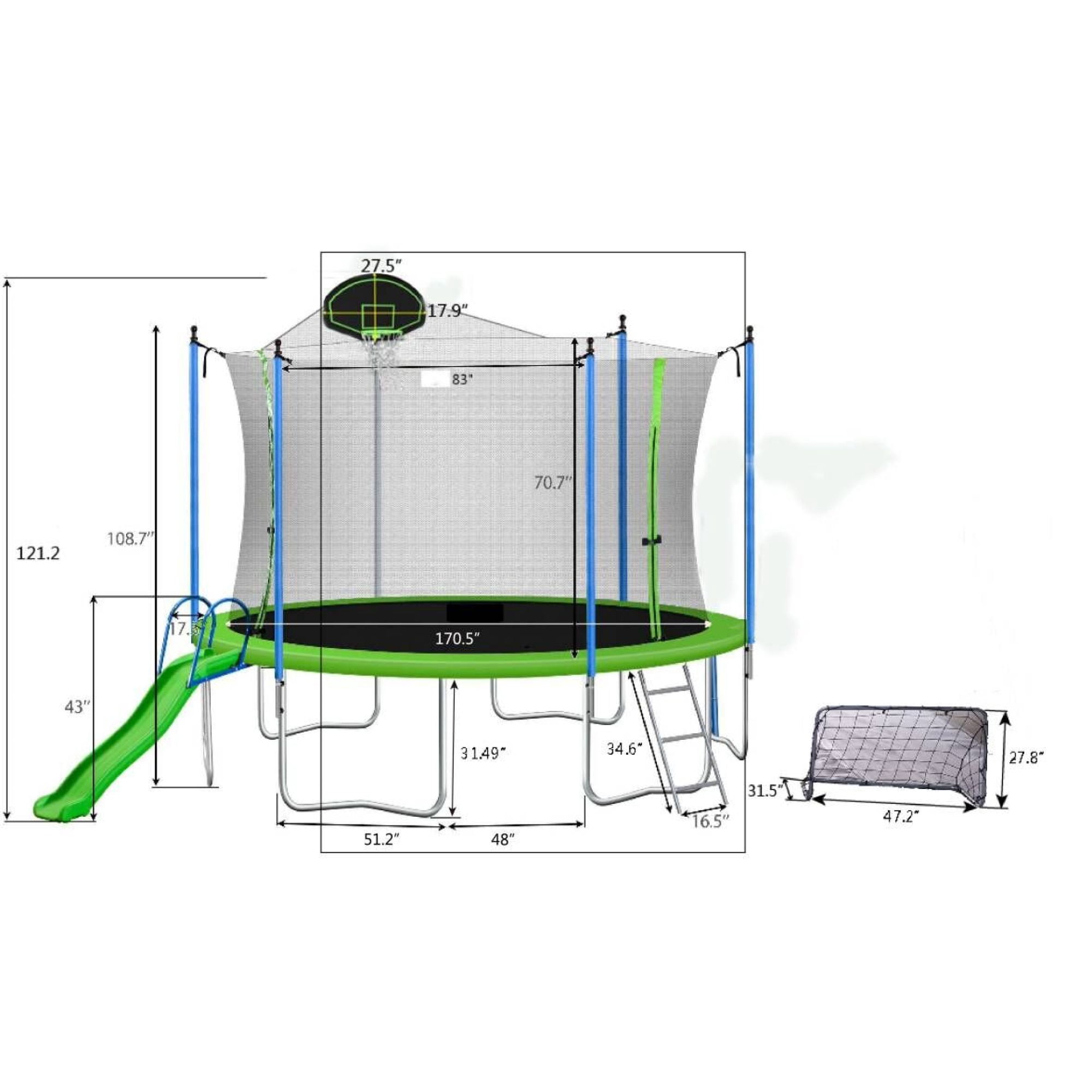 16FT Trampoline with Soccer Goal Net ,Outdoor Trampoline with Basketball Hoop and Ladder,Large Recreational Trampoline for Kids and Adults,Green