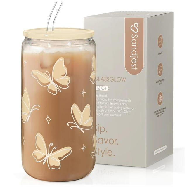 Vaso de cristal SANDJEST Butterfly, 473 ml, tapa de bambú y pajita