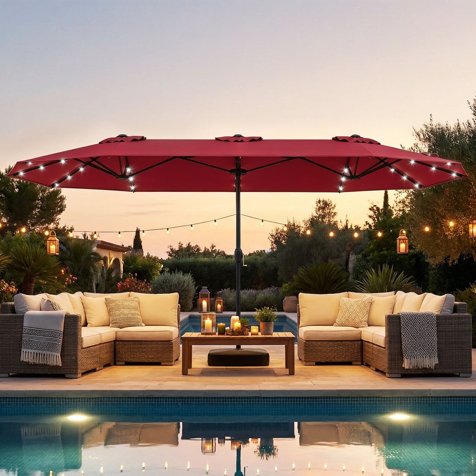 Costway 13FT Double-sided Patio Umbrella with Solar Lights Crank Handle Umbrella Base Wine