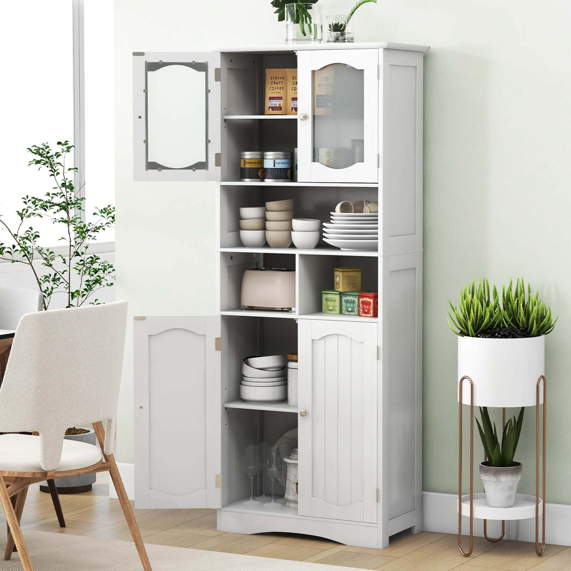 Costway 58.5" Tall Bathroom Storage Cabinet Freestanding Linen Cabinet with Shelves White