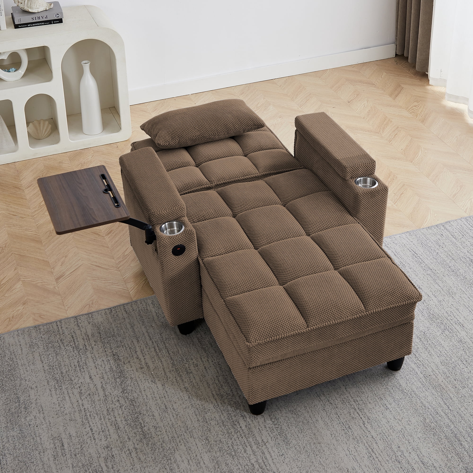 Gewnee 3-in-1 Convertible Sleeper Chair, Pull Out Single Sofa Bed with Adjustable Backrest, 360° Swivel Side Table, USB Charging Ports & Cup Holders, Ideal for Dorms & Offices, Coffee
