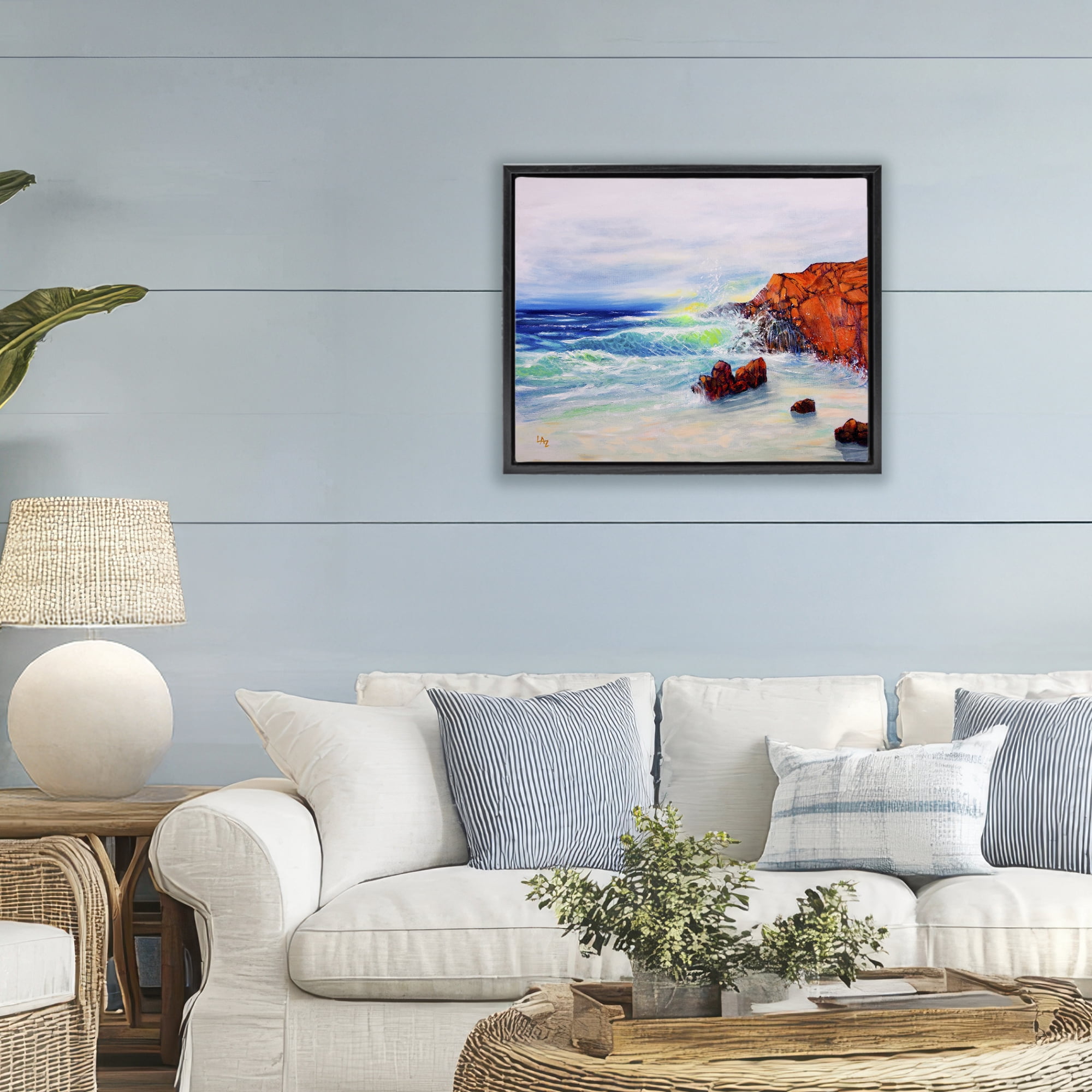 Stupell Industries Deep Blue Rocky Beach Black Framed Floater Canvas Wall Art, design by Lee Ann Zirbes