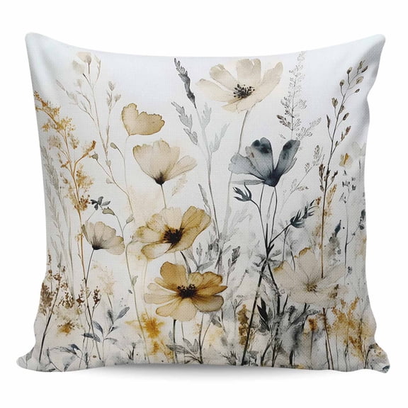 Throw Pillow Covers 24x24 Inch, Brown Retro Floral Decorative Pillow Cases for Couch Sofa Bed, Spring Botanical Wildflowers Cotton Linen Square Home Decor Pillowcases with Hidden Zipper