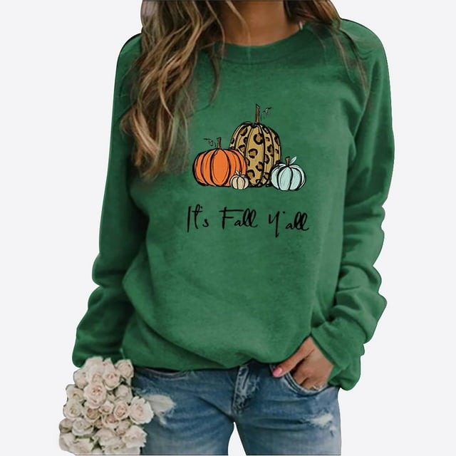 DPTALR Femmes Confortable Décontracté Courge à Lettres Imprimées Chandail à Col Rond Manches Longues T-Shirt Blouse Hauts