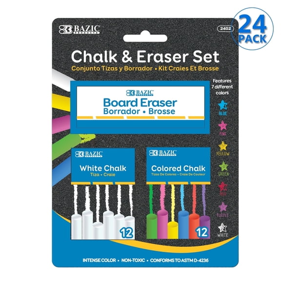 BAZIC Chalk Set, Colored 12 Pcs   White 12 Pcs   Chalkboard Eraser, 1-Pack