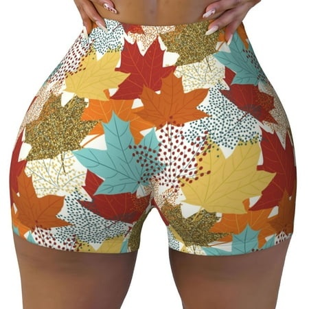 Workout Shorts Women  Fall Maple Leaves Biker Shorts for Women Running Gym Spandex Shorts Tummy Control