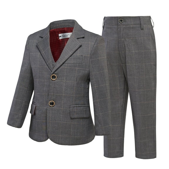 ETHAN 3 Piece Suit for Boys with Plaid Teen Formal Outfit Suit Junior Boy Blazer Grey Size 7 Years