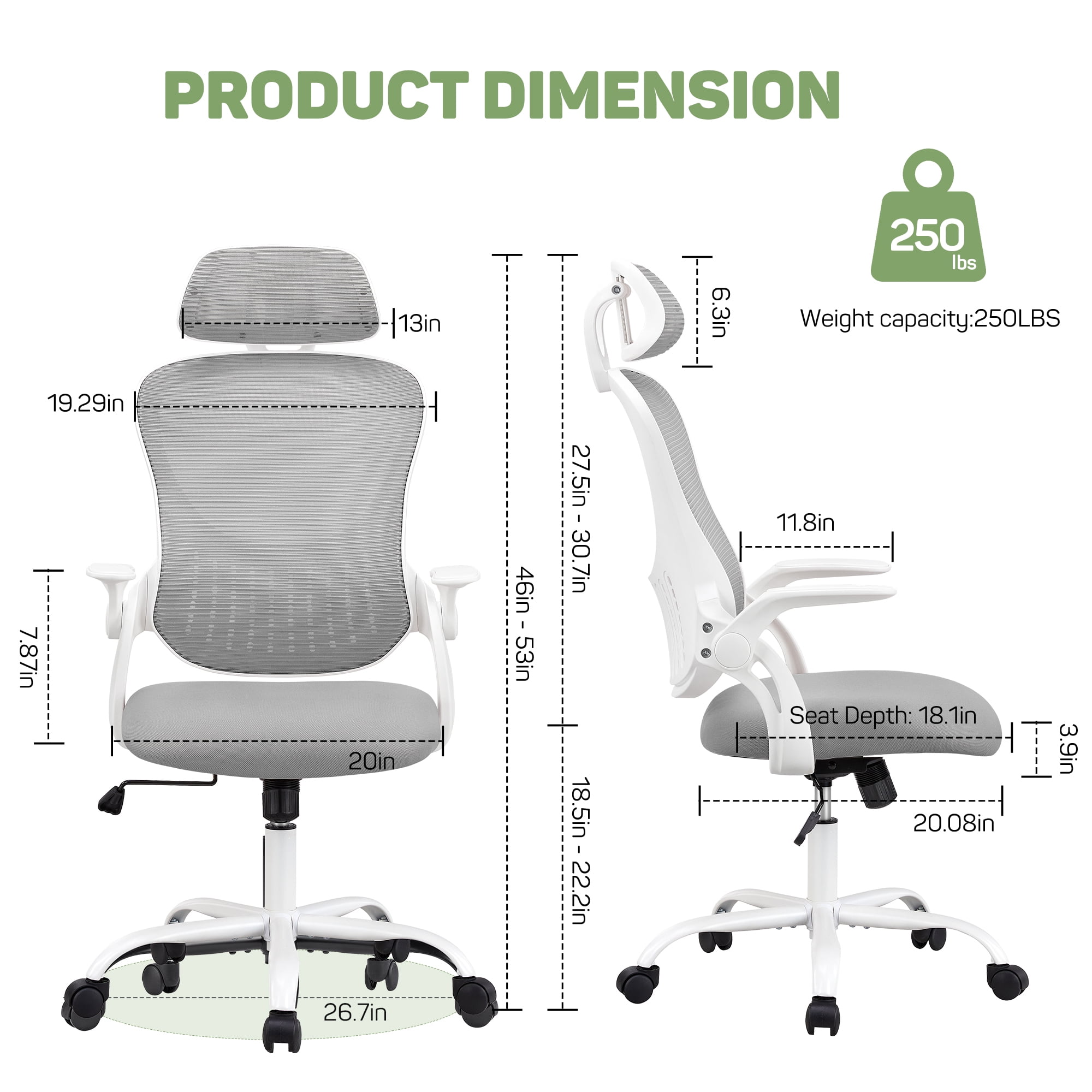 Ergonomic Office Desk Chair, High-Back Mesh Computer Chair with Adjustable Headrest, Lumbar Support, Flip-Up Armrests, Swivel Rolling Task Chair for Home Office, Gray