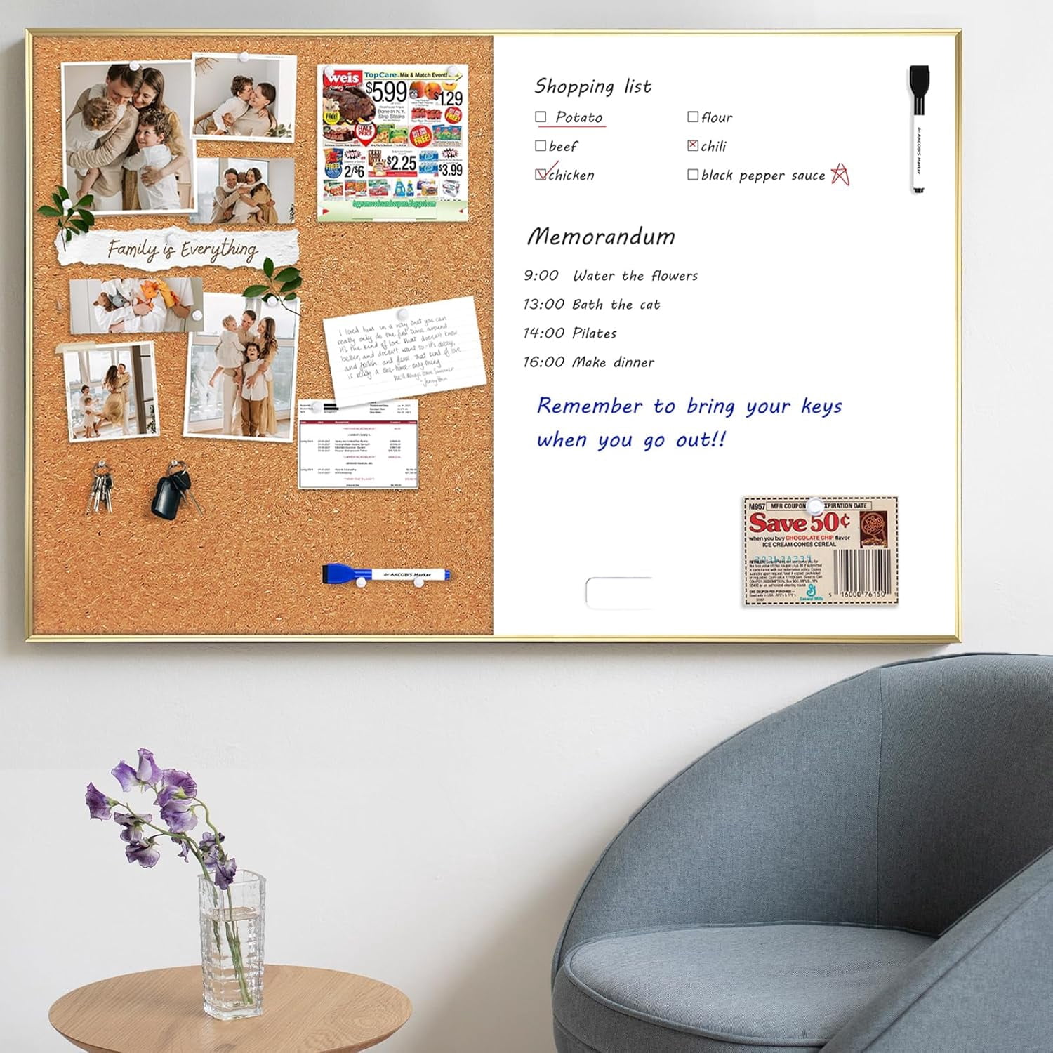 36"x24" Cork White Board Combo Gold Frame Magnetic Dry Erase & Bulletin Board | On Sale | Wall-Mounted Vision Board for Home Office School
