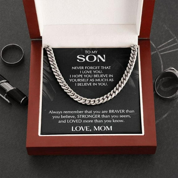 To My Son Cuban Chain, Necklace From Mom, Mother To Son Birthday Gift With Message Card & Led Box, Mother's day Gift Necklace With Meaningful Message Card Inside & Box