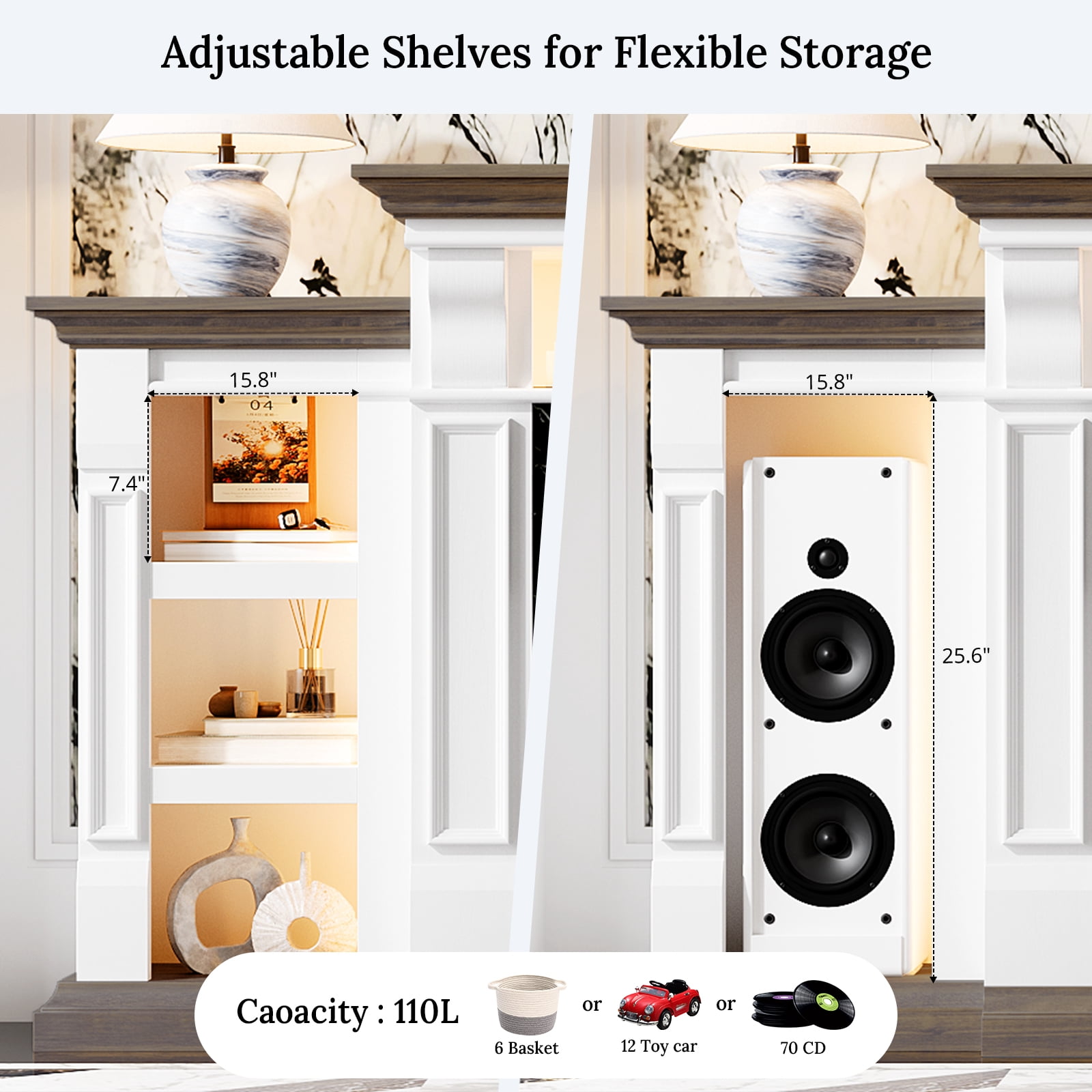 Holliwill 3-Sided Glass Farmhouse 72" Fireplace TV Stand for TVs up to 80", Electric Fireplace with Mantel, TV Console with Charging Station & LED Lights for Living Room, White Brown