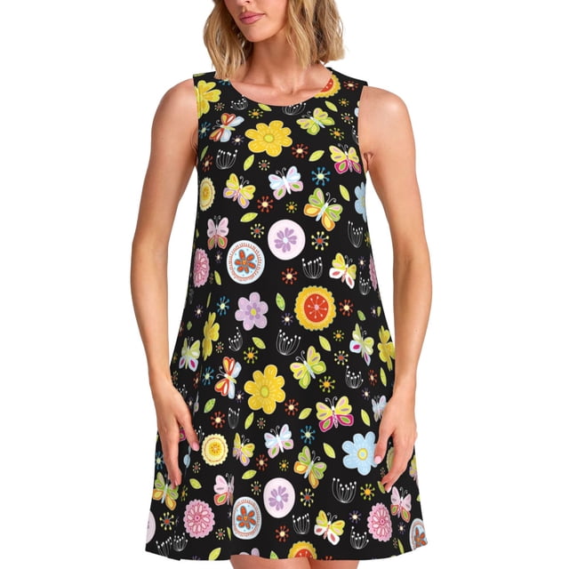 Easygdp Flower Butterfly para Vestido Transpirable de Mujer, Vestido Suelto de Manga Corta con Pliegues y Bolsillos para el Verano