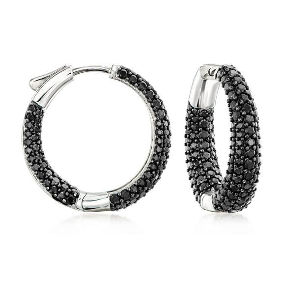 Ross-Simons 0.50 ct. t.w. Black Spinel Inside-Outside Hoop Earrings in Sterling Silver, Women's, Adult