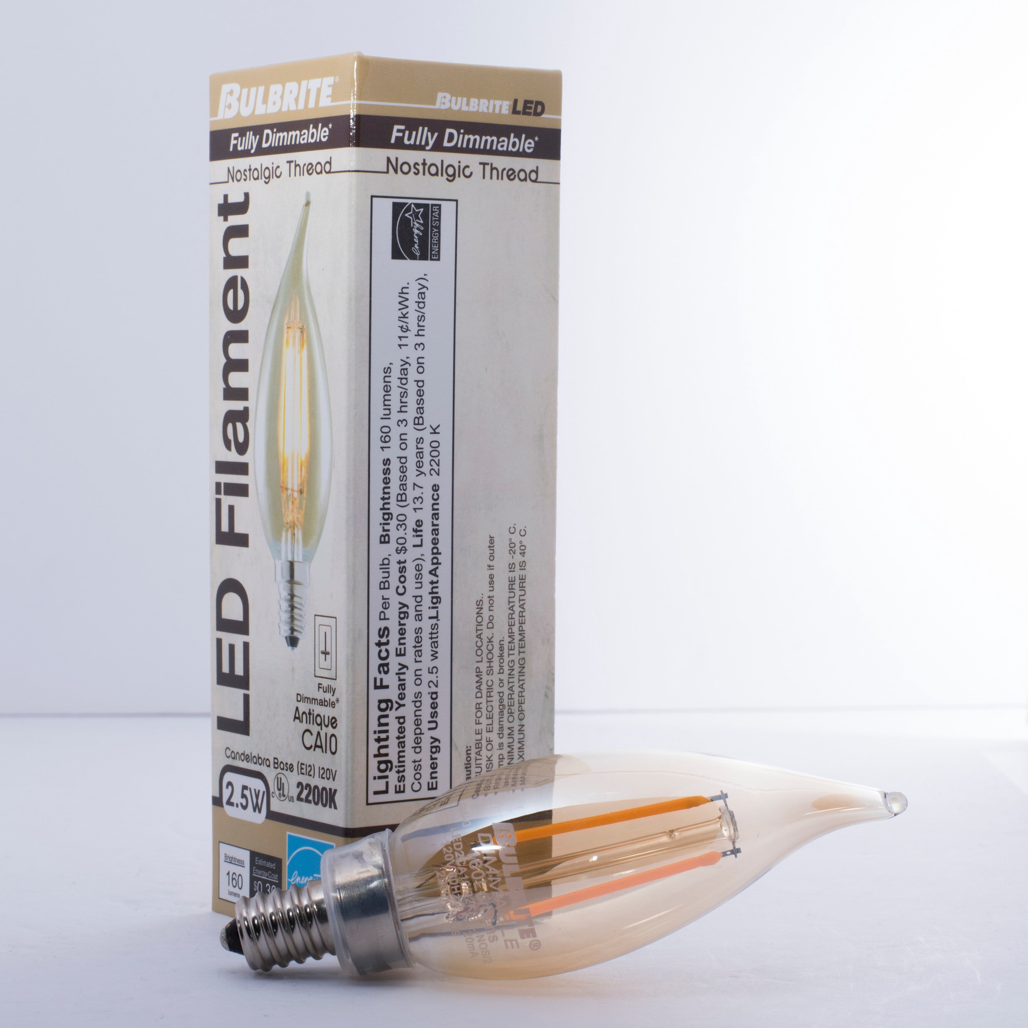 Bulbrite Pack of (4) 2.5 Watt Dimmable Antique Glass Finish CA10 LED Light Bulbs with Candelabra (E12) Base  2100K Amber Light  170 Lumens