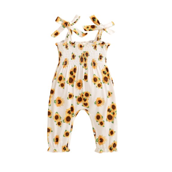 Aojekbee Baby Girls Jumpsuit, Sleeveless Tie-up Pleated Sunflower Print Casual Romper Clothes