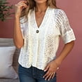 thumbnail image 2 of Rggeeun Short Sleeve Cardigan for Women Lightweight Cardigans Button Down Hollow-Out Knit Tops V Neck Casual Clothes Office Wear Stylish,White,3XL, 2 of 5