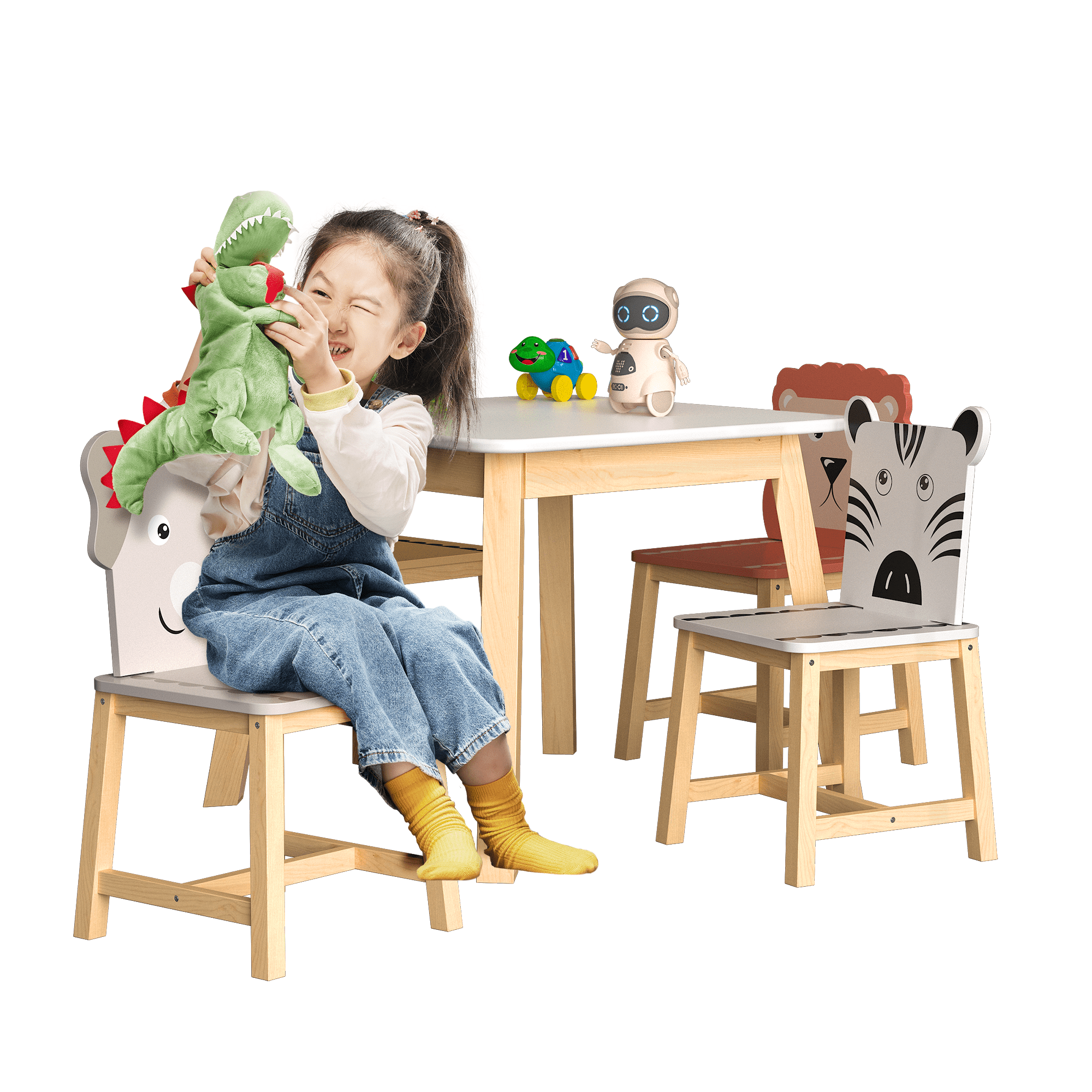 Seizeen Kids Table & Chair Set , 5 Pieces Cartoon Table with 4 Chairs Solid Wood Kids' Furniture Large Table and Animals Backrest, Kid's Room, Nursery Furniture Set