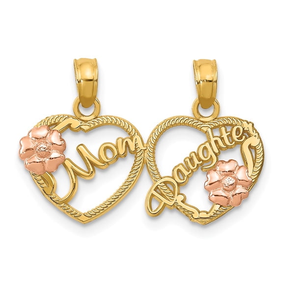 14k Gold Two-tone MOM - DAUGHTER Break-apart Hearts Pendant Charm