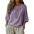 thumbnail image 4 of Vinsonshop Casual Linen Tops for Women Embroidered Linen Tops Lightweight Casual Blouse Blusas De Lino Para Mujer Puff 3/4 Sleeve Linen Shirts Linen Clothing Dark Purple M, 4 of 9