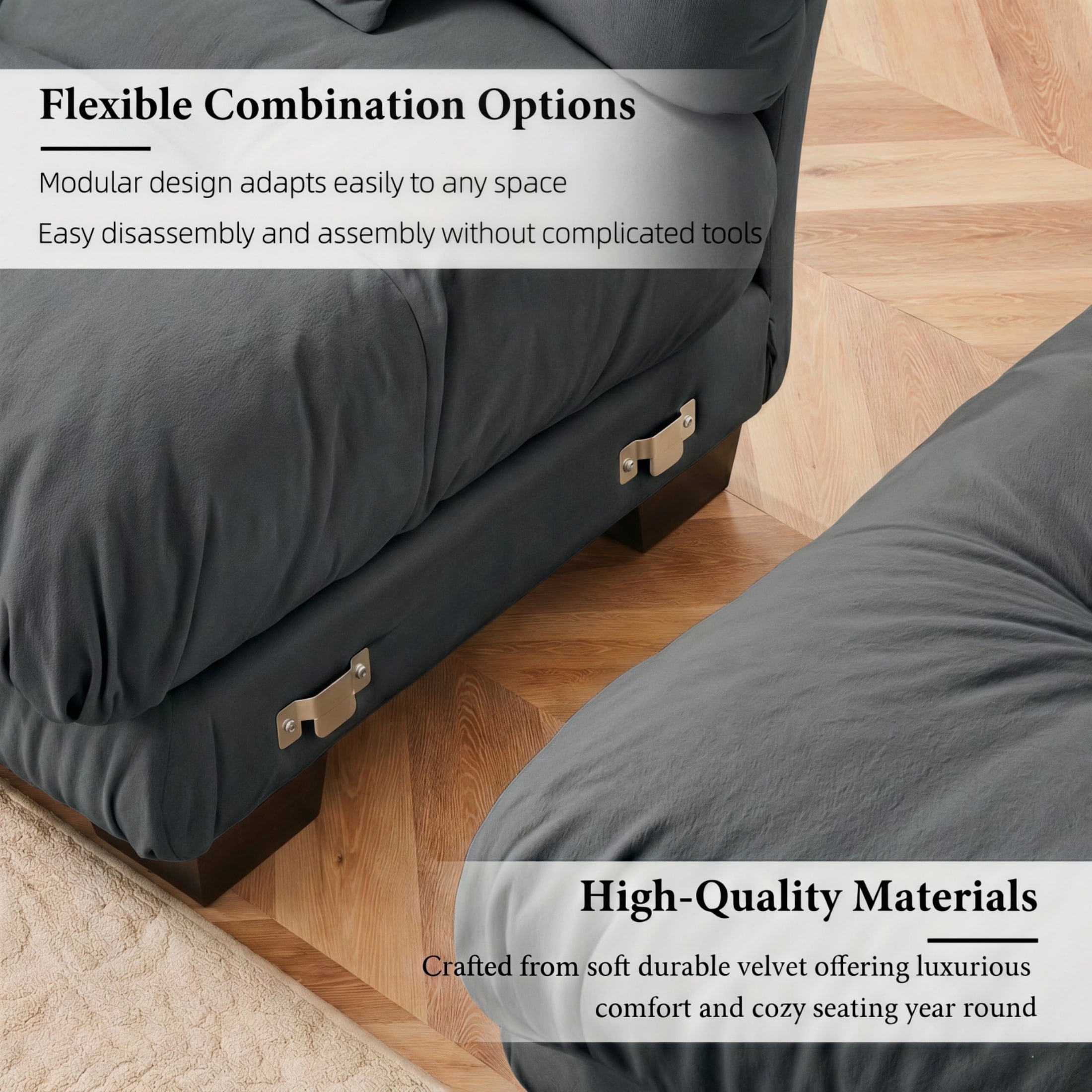 Amuille 130" Modular Sectional Sofa Velvet L Shaped Cloud Couch with Movable Ottomans, Deep Seat Couch for Living Room, with Pillows, Gray