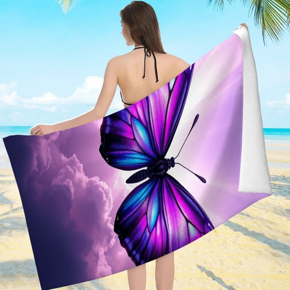 RKSupls Purple Blue Butterfly Cloud Ray Light Microfiber Beach Towel, Extra Large Quick Dry Lightweight Towel for Travel Swimming Camping, Soft Super Absorbent- 55.1x27.6in