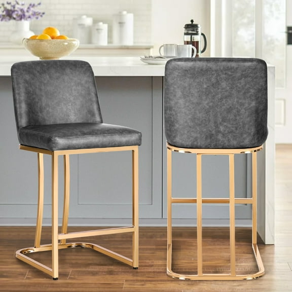 Summit Living 24’’ Counter Height Bar Stools Set of 2 with Back for Kitchen Faux Leather Farmhouse Bar Chairs, Grey & Gold