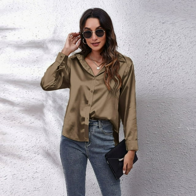Chemise en Satin de Soie à Manches Longues pour Femmes, Décontractée, pour le Travail au Bureau, Blouse Soyeuse