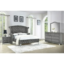 Modern 4Pc King Size Bed Dresser Mirror Nightstand Set Master Bedroom Furniture Gray Velvet