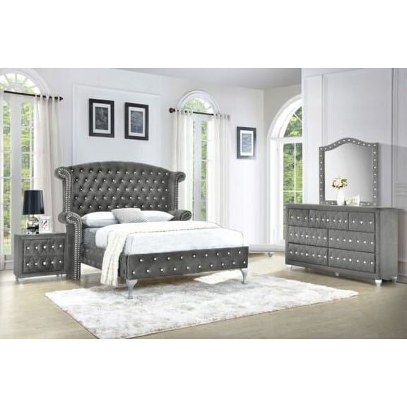 Modern 4Pc King Size Bed Dresser Mirror Nightstand Set Master Bedroom Furniture Gray Velvet