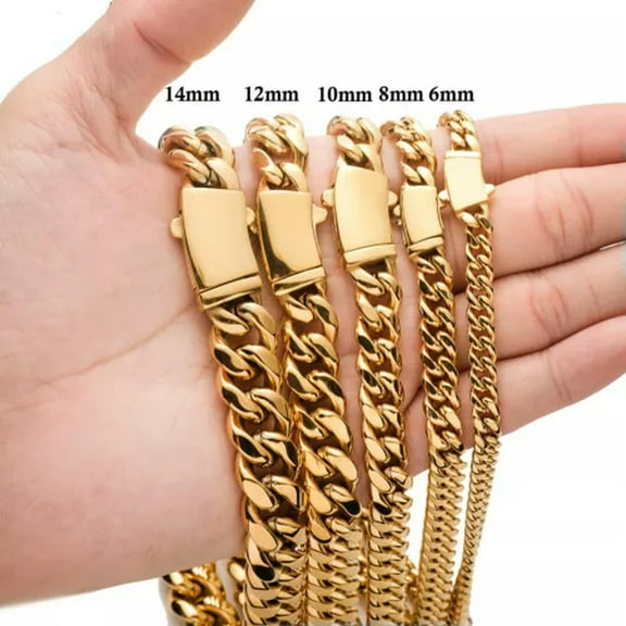 GKNET 6-14mm Stainless Steel Miami Cuban Link Chain Necklace Gold Plated Shiny Clasp-16 in-6mm